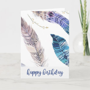 Tarjeta de cumpleaños Blue & Tan Watercolor Feathe