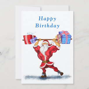 Tarjeta de cumpleaños Bodybuilder Santa con regalo