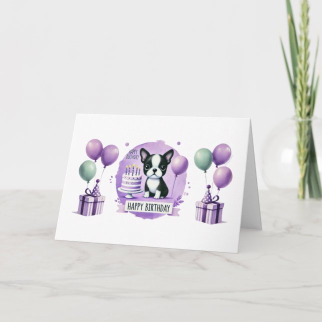 Tarjeta de cumpleaños Boston Terrier - acuarela (Anverso)