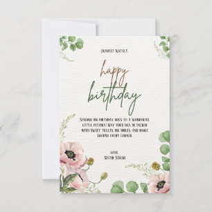 Tarjeta de cumpleaños botánica de amapola rosa euc