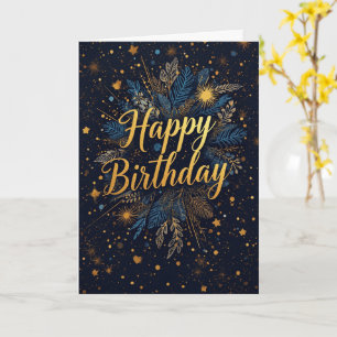 Tarjeta de cumpleaños botánica de oro y azul marin