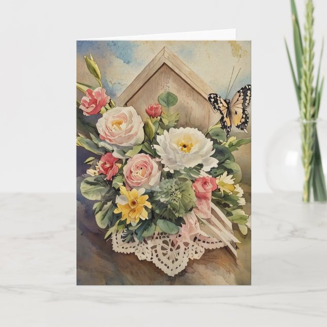 Tarjeta de cumpleaños Bouquet and Butterfly (Anverso)