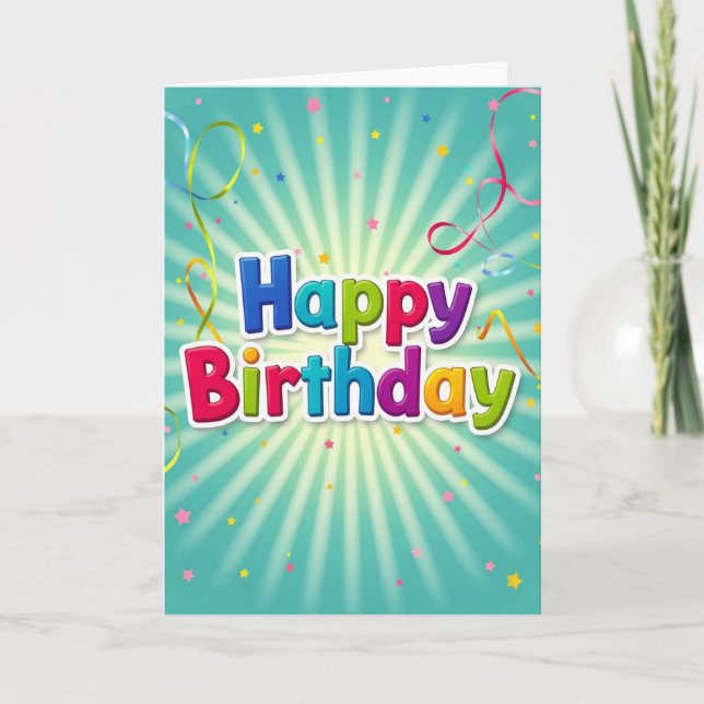 Tarjeta de cumpleaños brillante con explosión de c (Anverso)