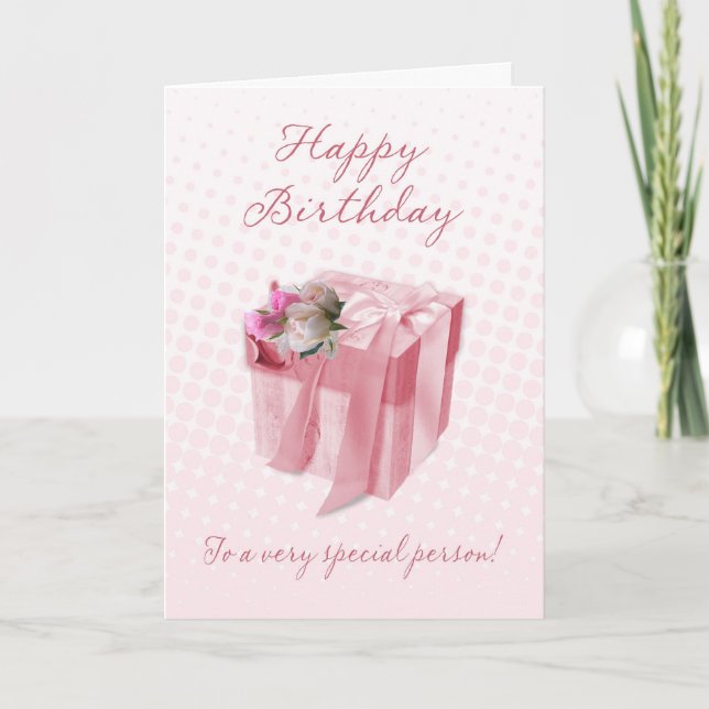 Tarjeta de cumpleaños - Caja de regalo rosa - A un (Anverso)