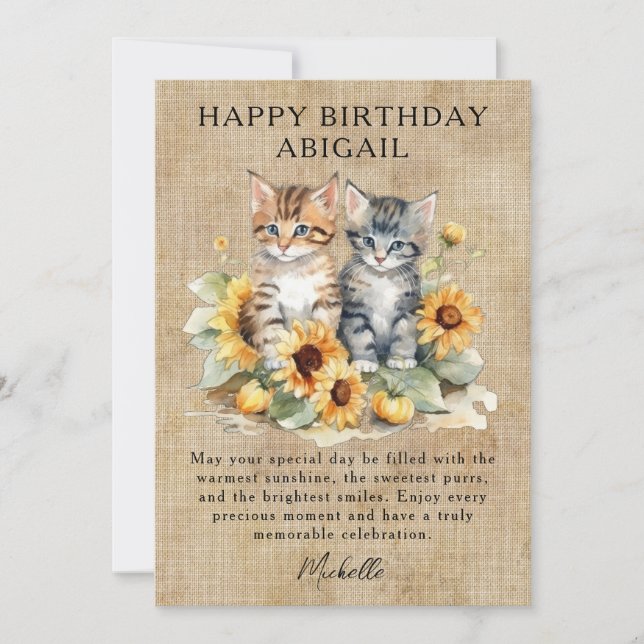 Tarjeta de cumpleaños Cat Rustic Sunflowers y Kitt (Anverso)