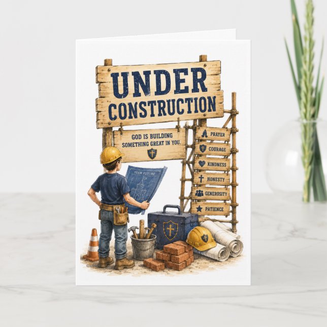 Tarjeta de cumpleaños católica en construcción (Anverso)