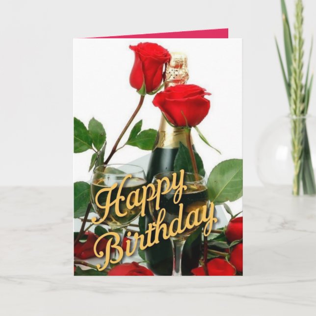Tarjeta de cumpleaños Champagne y Red Roses (Anverso)
