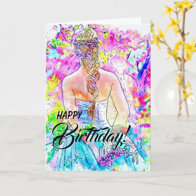 Tarjeta de cumpleaños "Chica acuarela" dulce 16 (flor amarilla)