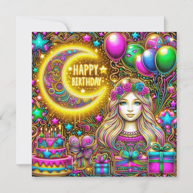 TARJETA DE CUMPLEAÑOS ~ Chica Con Pelo Fluorescent (Anverso)