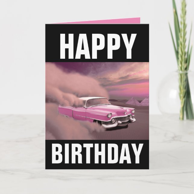 TARJETA DE CUMPLEAÑOS CLÁSICA DE COCHE ROSA (Anverso)