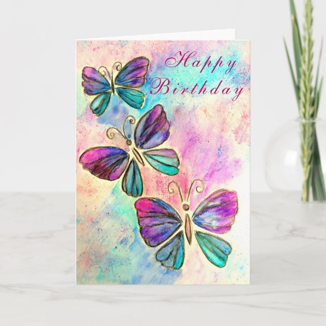Tarjeta de cumpleaños color agua mariposas púrpura (Anverso)