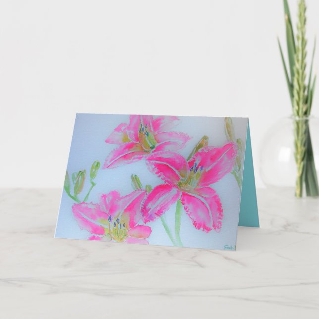 Tarjeta de cumpleaños color de agua rosada Lilies (Anverso)