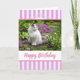 Tarjeta de cumpleaños color rosa con foto de gato 