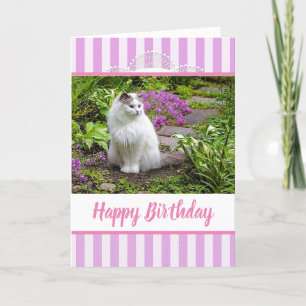 Tarjeta de cumpleaños color rosa con foto de gato 
