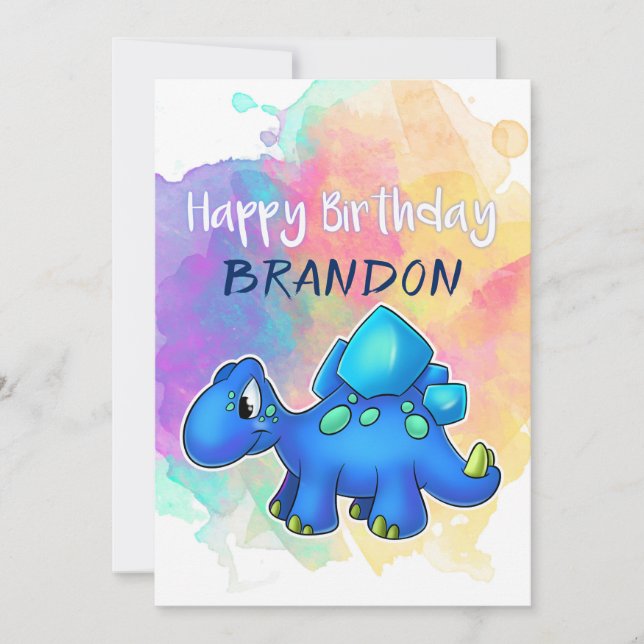 Tarjeta de cumpleaños colorida de dinosaurio azul (Anverso)