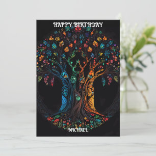 Tarjeta de cumpleaños con árbol a todo color Invit