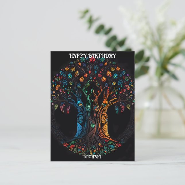 Tarjeta de cumpleaños con árbol a todo color Invit (Anverso de pie)