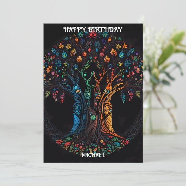 Tarjeta de cumpleaños con árbol en color Invitació (Anverso de pie)