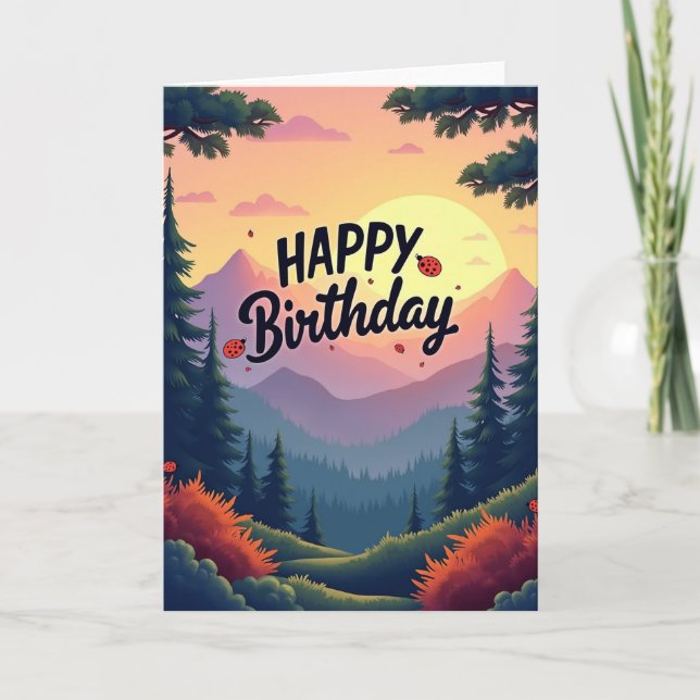 Tarjeta de cumpleaños con árboles al atardecer pac (Anverso)