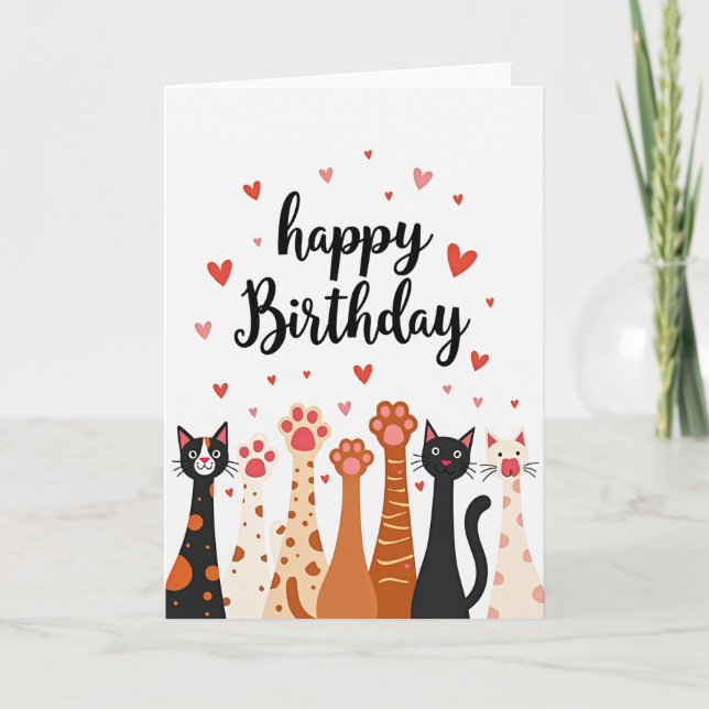 Tarjeta de cumpleaños con arte de gato juguetón (Anverso)