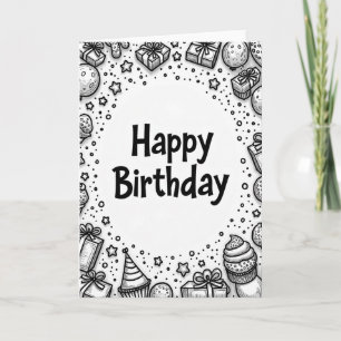Tarjeta de cumpleaños con arte de línea monocroma