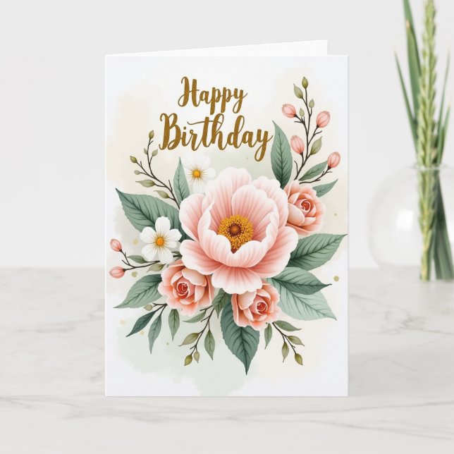 Tarjeta de cumpleaños con arte de rosa rosa (Anverso)