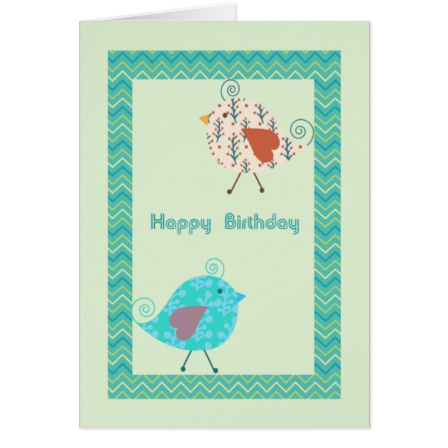 Tarjeta de cumpleaños con aves de diseño en verde (Frente)