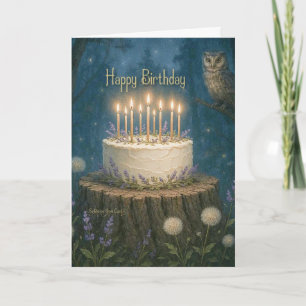 Tarjeta de cumpleaños con bosque mágico y búho