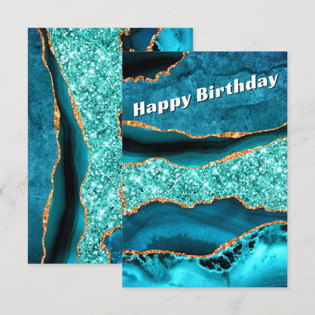 Tarjeta de cumpleaños con brillo dorado azul turqu (Anverso / Reverso)