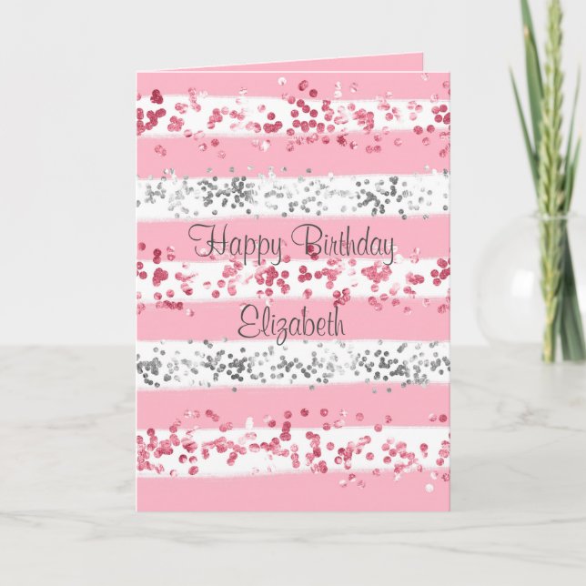 Tarjeta de cumpleaños con brillo rosa blanco gris  (Anverso)