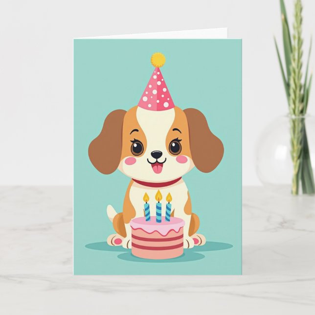 Tarjeta de Cumpleaños con Cachorro y Sombrero de F (Anverso)