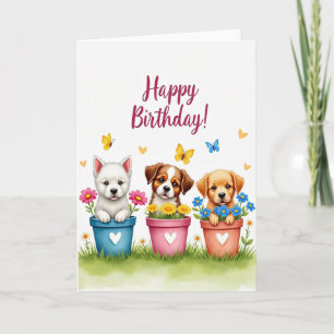 Tarjeta de Cumpleaños con Cachorros en Macetas Dul