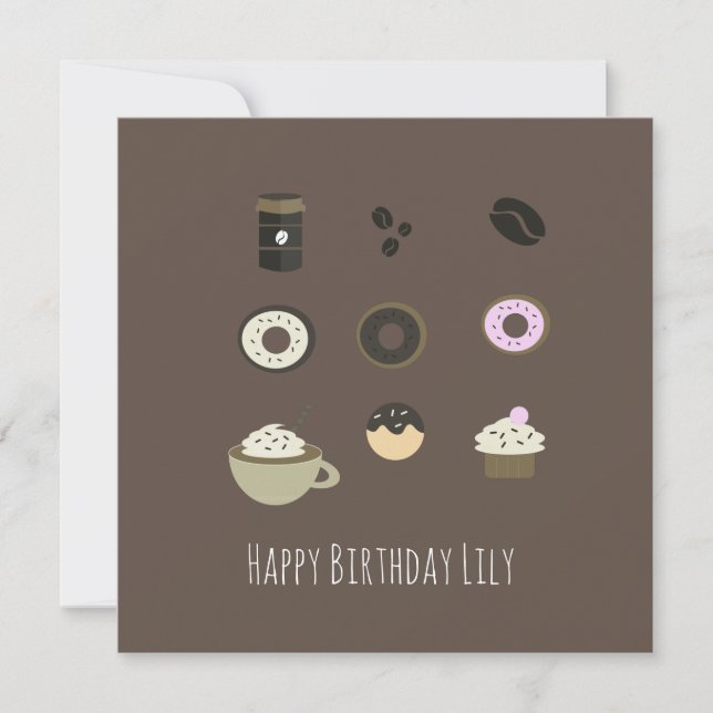 Tarjeta de cumpleaños con café y dulces Nombre (Anverso)