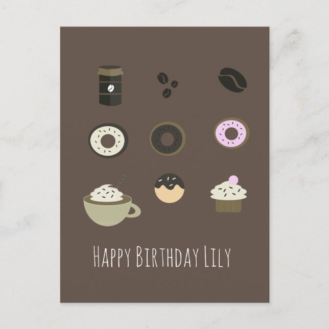 Tarjeta de cumpleaños con café y dulces Nombre (Anverso)