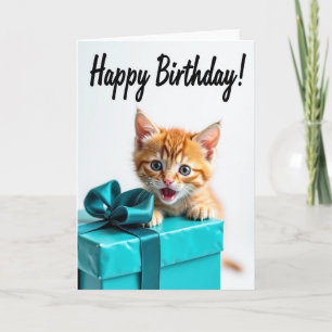Tarjeta de cumpleaños con caja de regalo de gatito