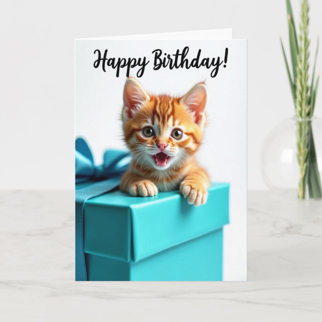 Tarjeta de cumpleaños con caja de regalo de gato r (Anverso)