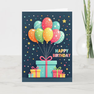 Tarjeta de cumpleaños con caja de regalo vibrante