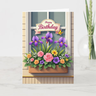 Tarjeta de cumpleaños con caja floral en la ventan