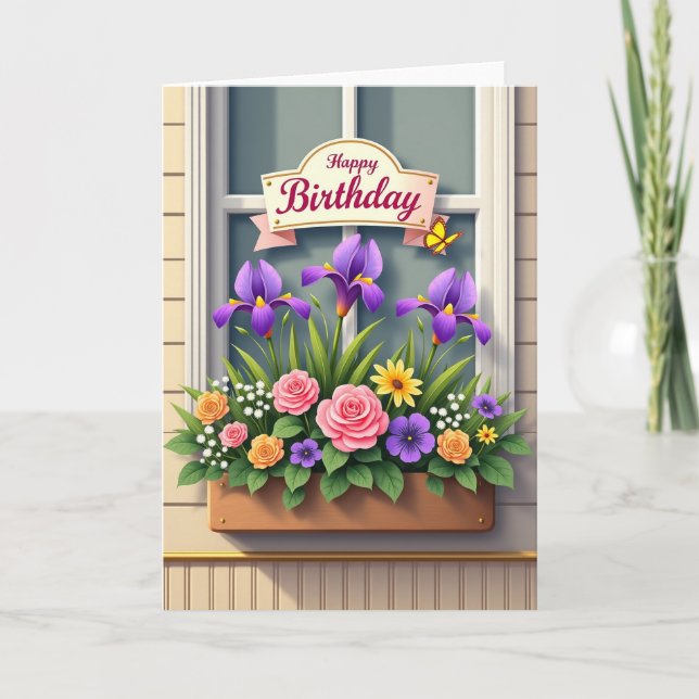 Tarjeta de cumpleaños con caja floral en la ventan (Anverso)