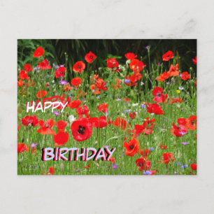 Tarjeta de cumpleaños con campo de amapolas rojas