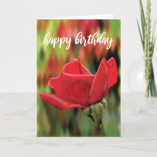 Tarjeta de cumpleaños con capullo de rosa roja rea (Anverso)