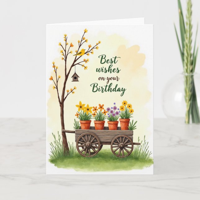 Tarjeta de cumpleaños con carro floral (Anverso)