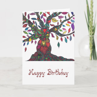 Tarjeta de cumpleaños con colorido árbol y corazon