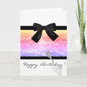 Tarjeta de cumpleaños con copa de vino, lentejuela