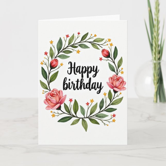 Tarjeta de Cumpleaños con Corona de Flores Rosadas (Anverso)