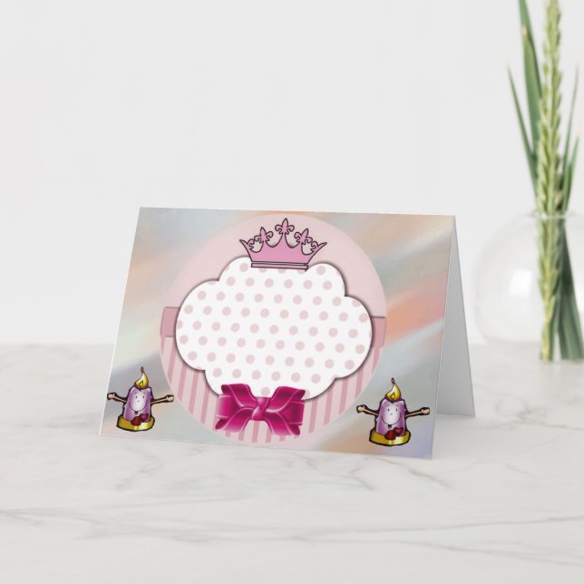 Tarjeta de cumpleaños con corona y lazo rosa elega (Anverso)