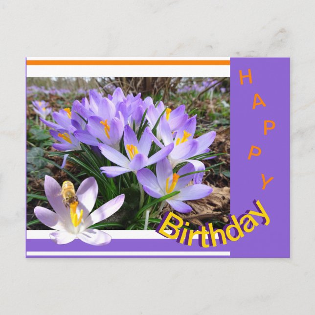 Tarjeta de cumpleaños con crocus y abeja feliz (Anverso)