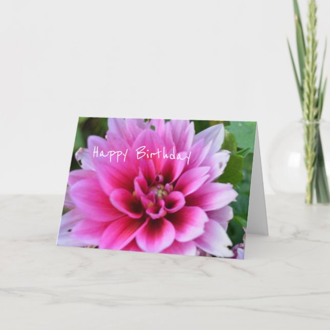 Tarjeta de cumpleaños con dahlia rosa y blanca (Anverso)