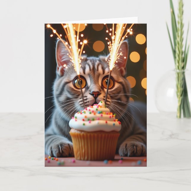 Tarjeta de cumpleaños con destellos para gato atig (Anverso)