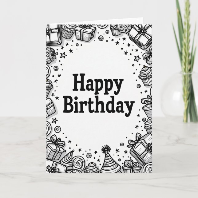 Tarjeta de cumpleaños con dibujos lineales (Anverso)